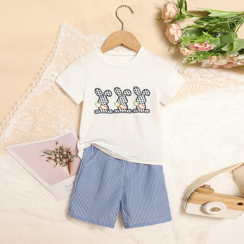 Toddler Bunny & Carrot Embroidered Short Sleeve T-Shirt With Striped Pocket Shorts