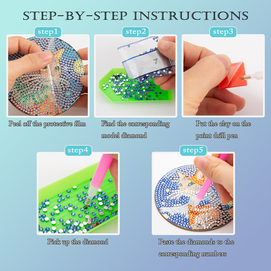 DIY Diamond Art Coaster Set with Holder - coffee/cats