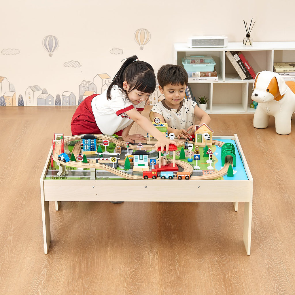 Wooden Train Table Set Includes 84 Accessories
