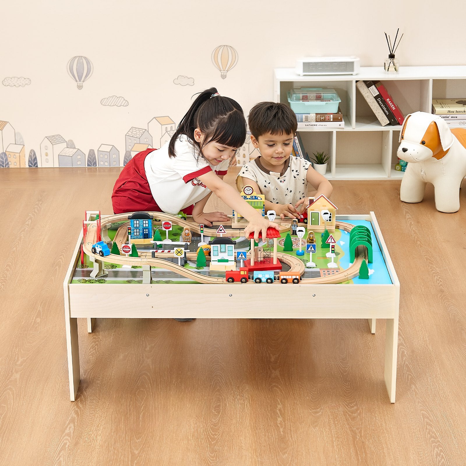 Wooden Train Table Set Includes 84 Accessories