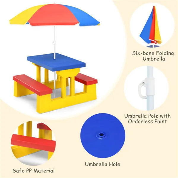 Children Outdoor Picnic Table Set With Foldable UV Protection Umbrella