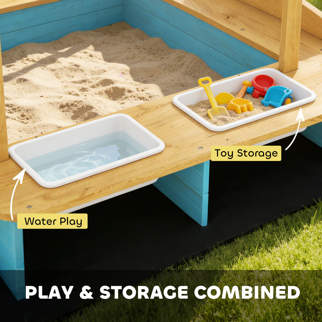 Wooden Sandbox with Canopy, Bench Seats & 2 Storage Bins