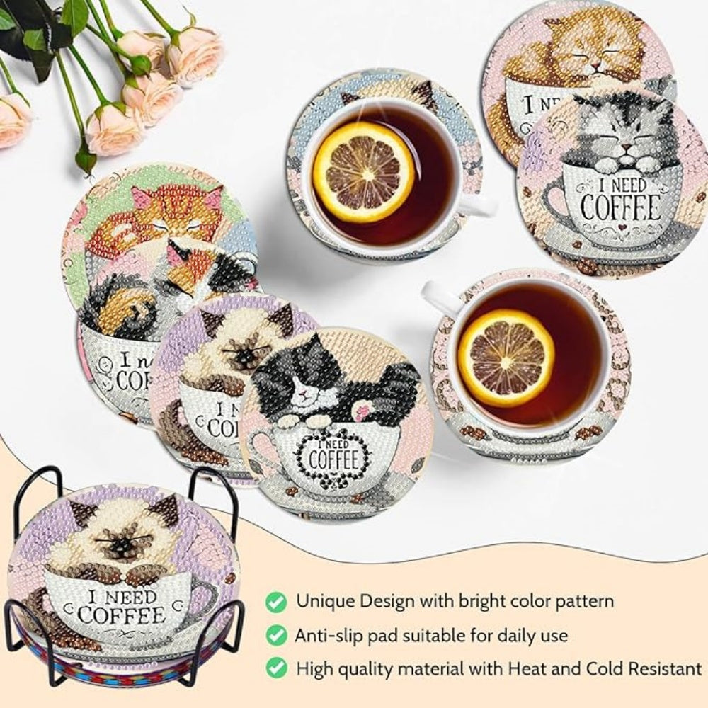 DIY Diamond Art Coaster Set with Holder - coffee/cats