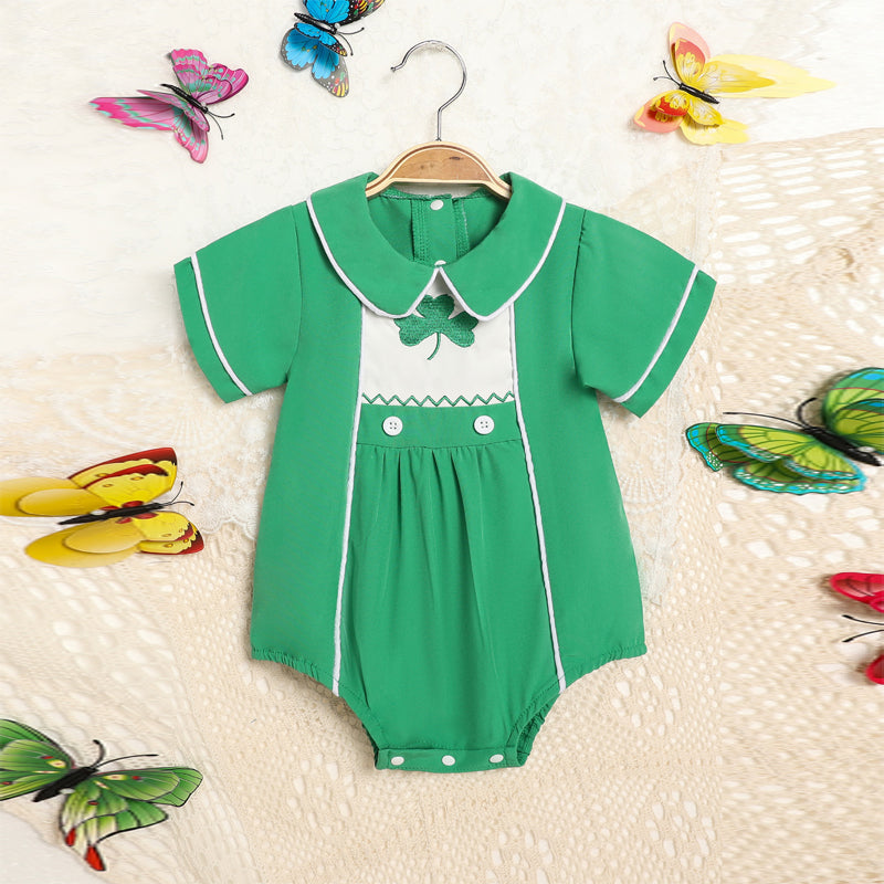 Green Lapel Short Sleeve Clover Romper