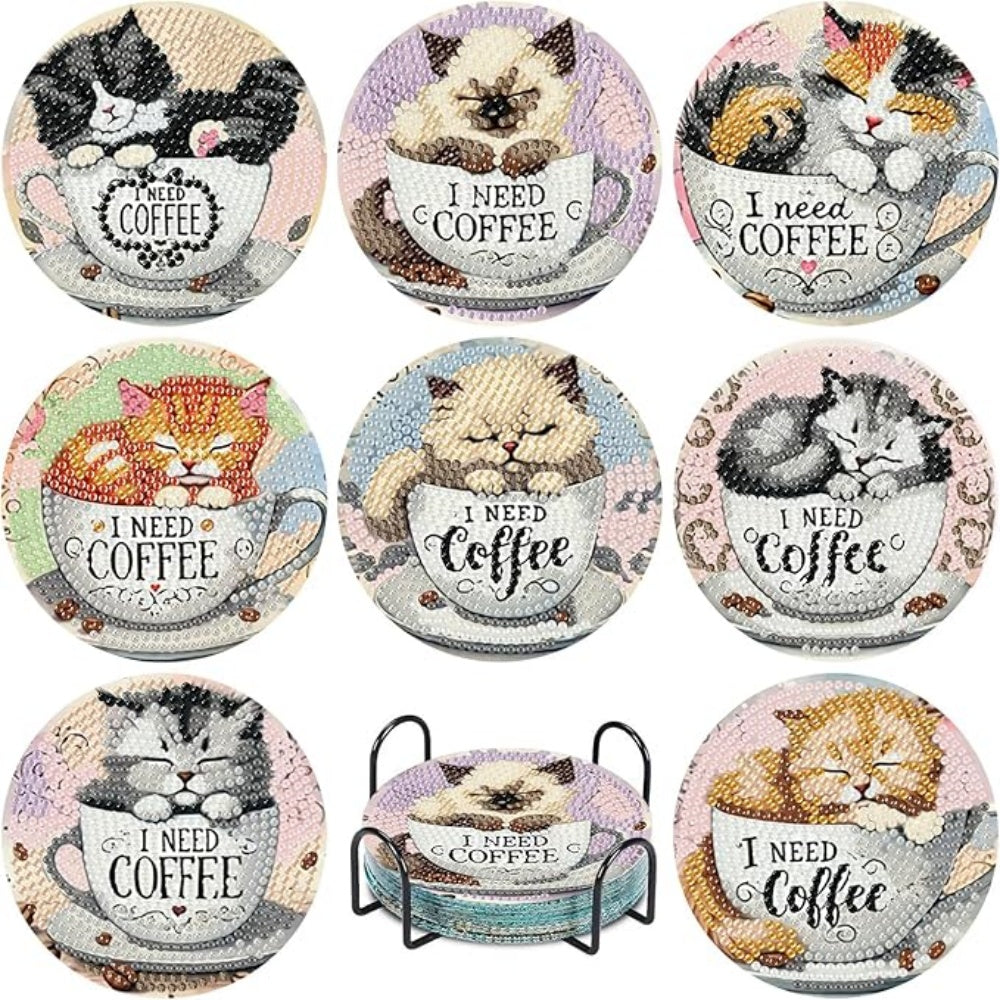 DIY Diamond Art Coaster Set with Holder - coffee/cats