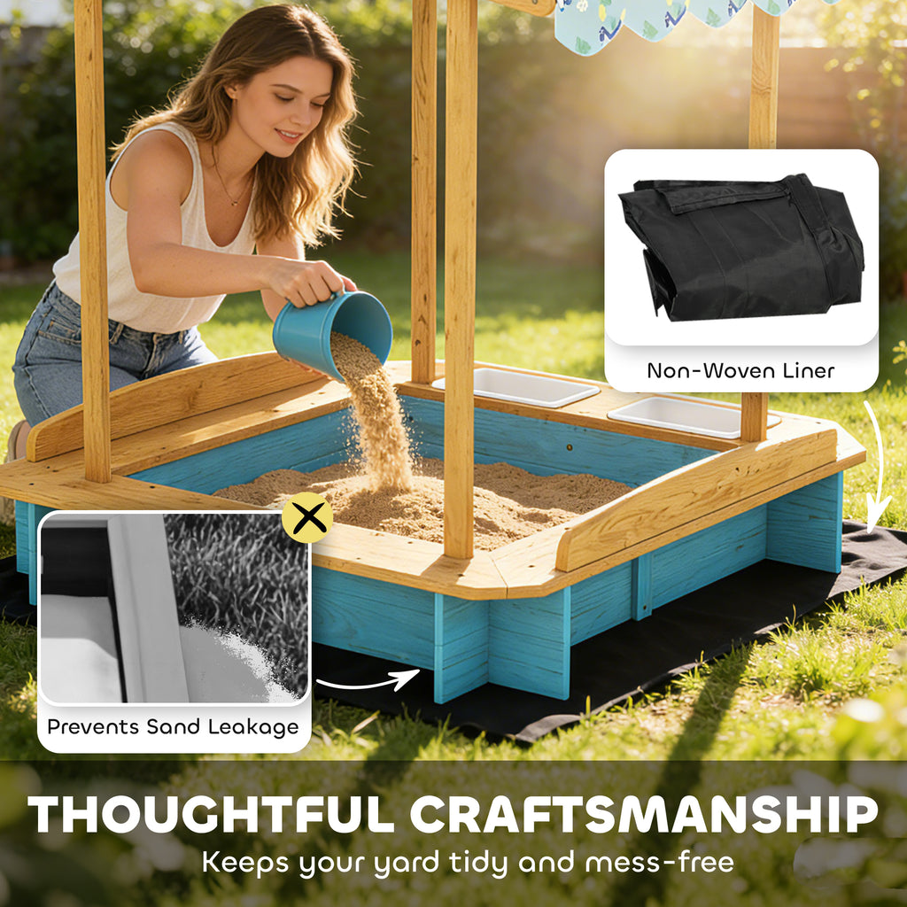 Wooden Sandbox with Canopy, Bench Seats & 2 Storage Bins