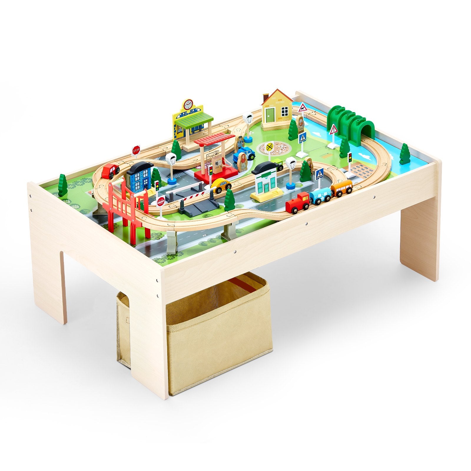 Wooden Train Table Set Includes 84 Accessories