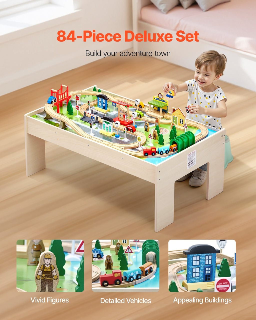 Wooden Train Table Set Includes 84 Accessories