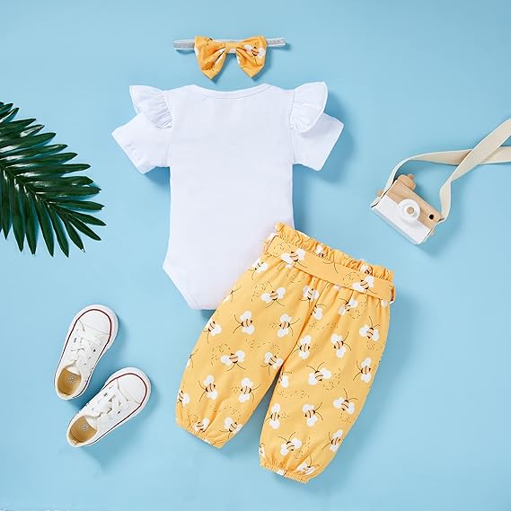 Baby Girl Sweet Bee Romper, Honey Bees Pants, Bowknot Headband Set