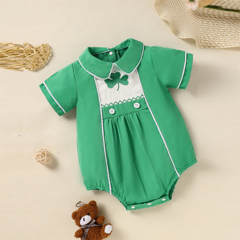Green Lapel Short Sleeve Clover Romper