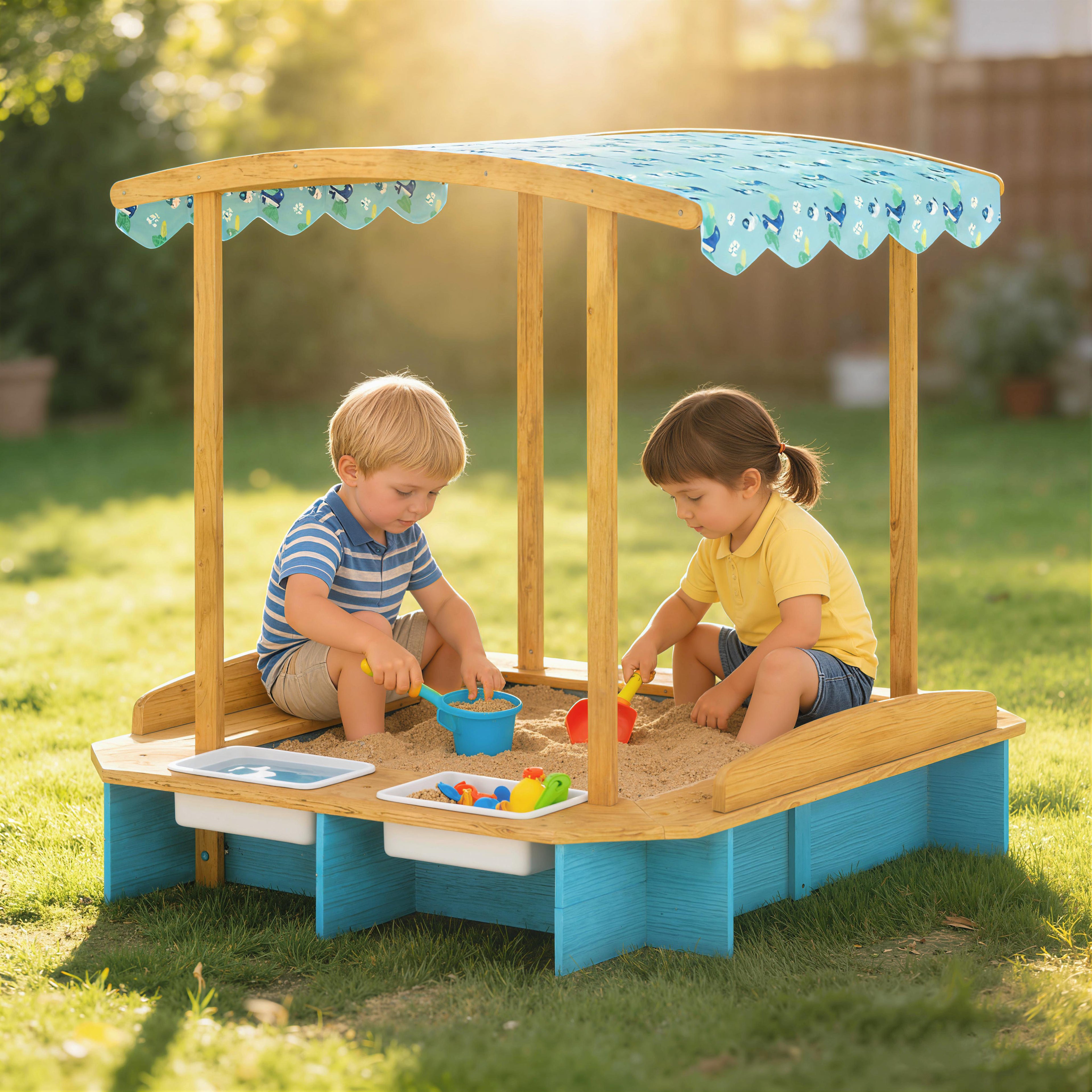 Wooden Sandbox with Canopy, Bench Seats & 2 Storage Bins