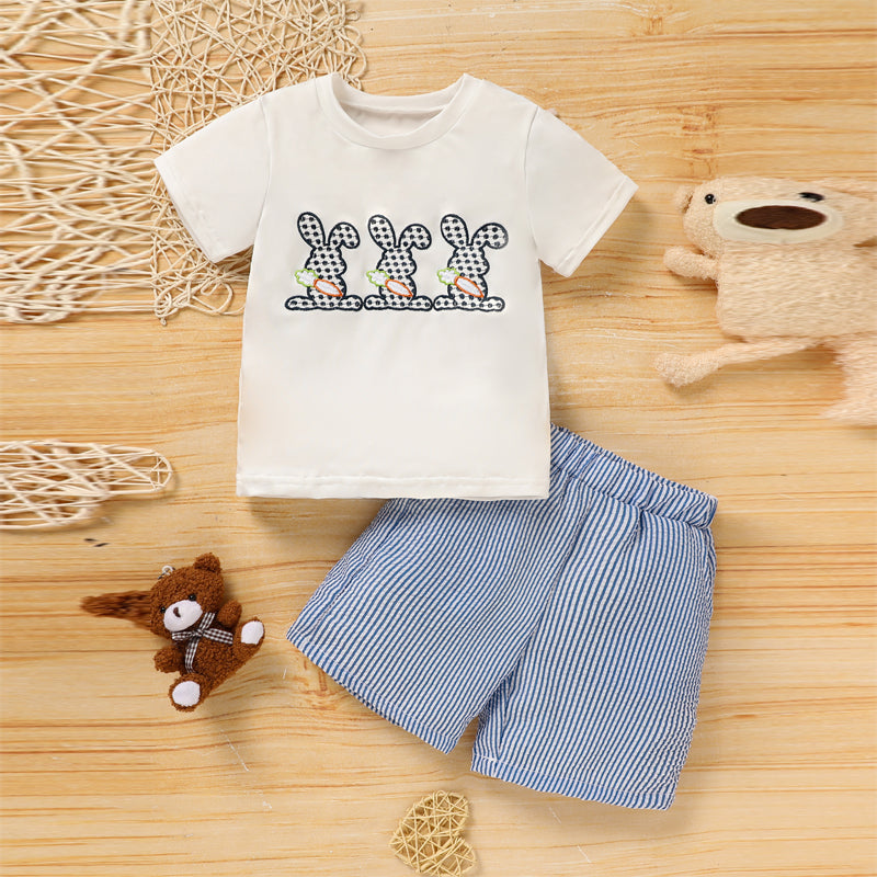 Toddler Bunny & Carrot Embroidered Short Sleeve T-Shirt With Striped Pocket Shorts