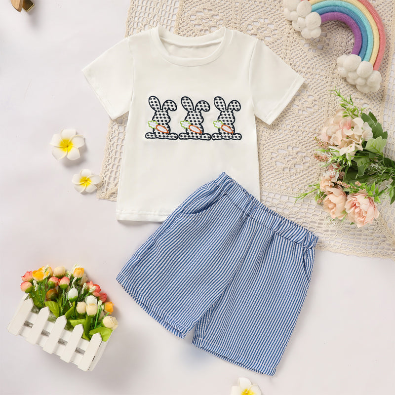 Toddler Bunny & Carrot Embroidered Short Sleeve T-Shirt With Striped Pocket Shorts