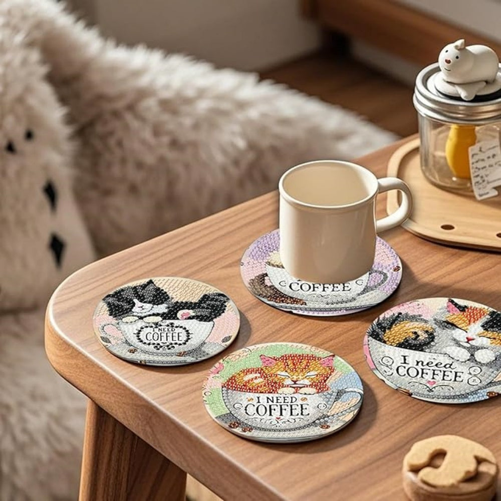 DIY Diamond Art Coaster Set with Holder - coffee/cats