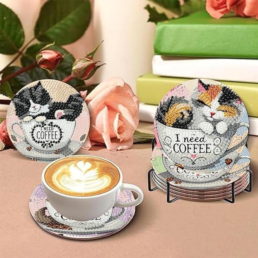 DIY Diamond Art Coaster Set with Holder - coffee/cats
