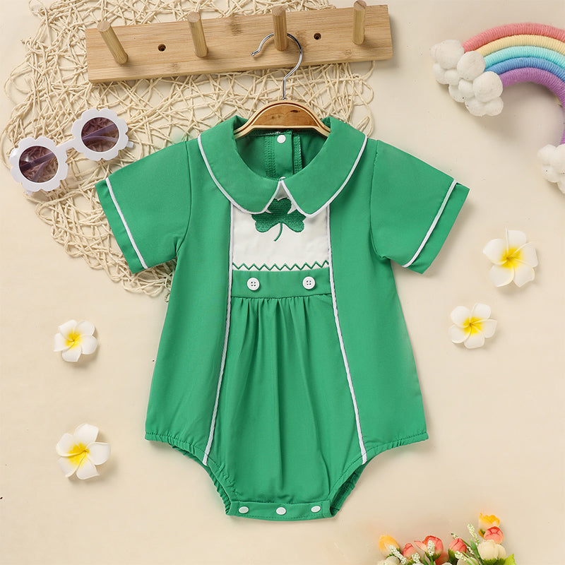 Green Lapel Short Sleeve Clover Romper