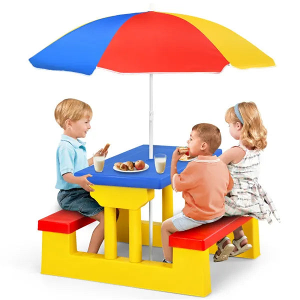 Children Outdoor Picnic Table Set With Foldable UV Protection Umbrella