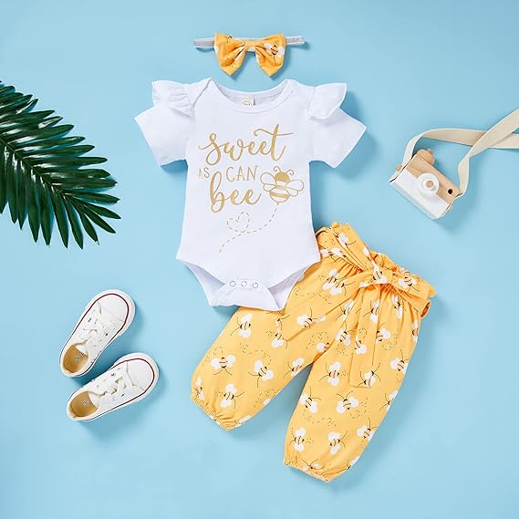 Baby Girl Sweet Bee Romper, Honey Bees Pants, Bowknot Headband Set