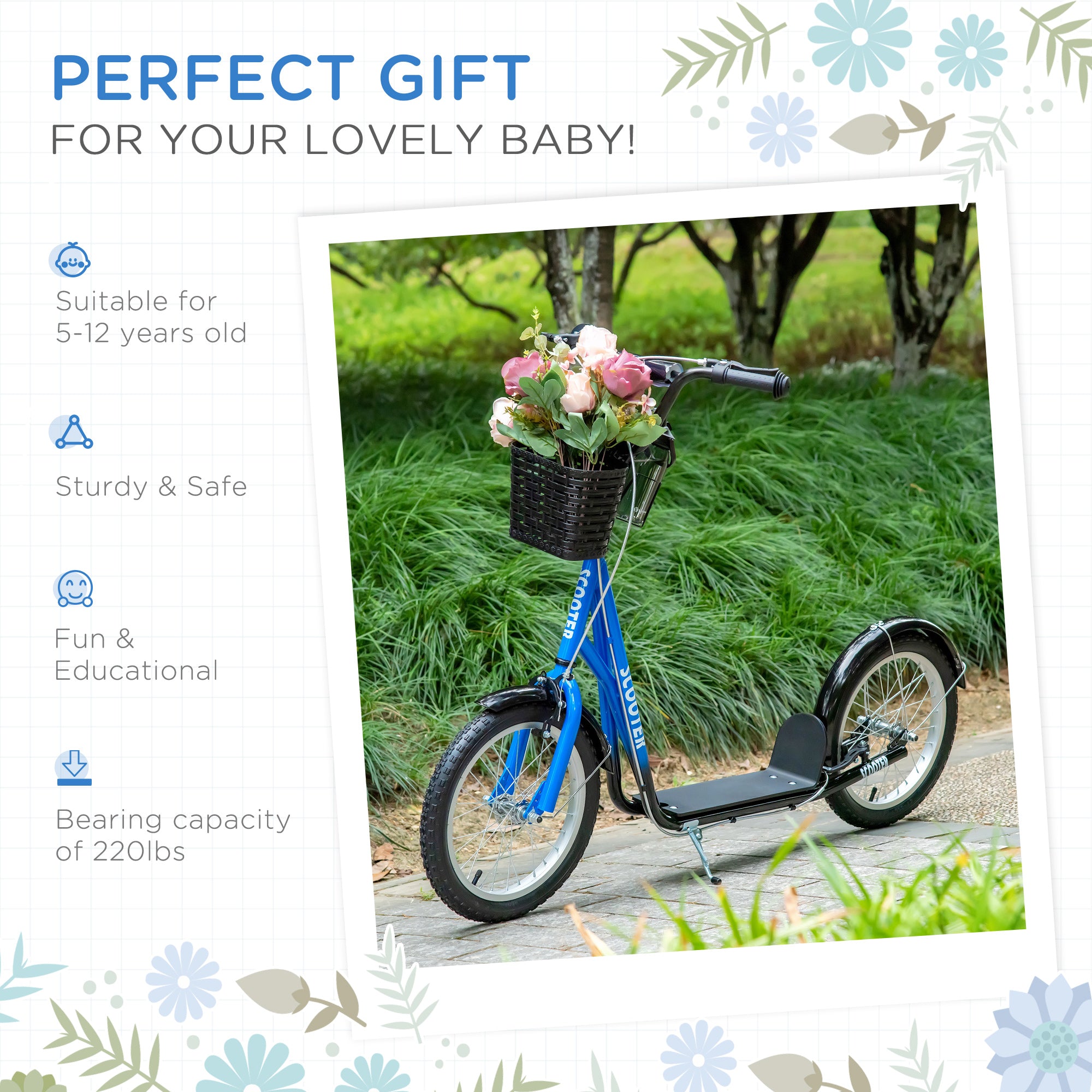 Youth Kick Scooter with 16" Inflatable Rubber Tires