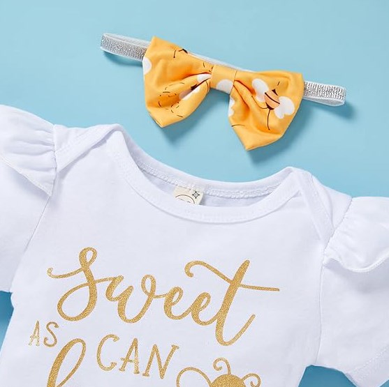 Baby Girl Sweet Bee Romper, Honey Bees Pants, Bowknot Headband Set