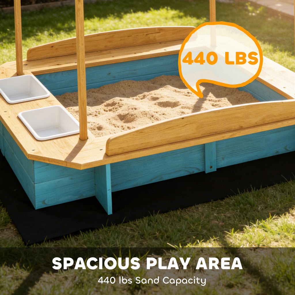 Wooden Sandbox with Canopy, Bench Seats & 2 Storage Bins