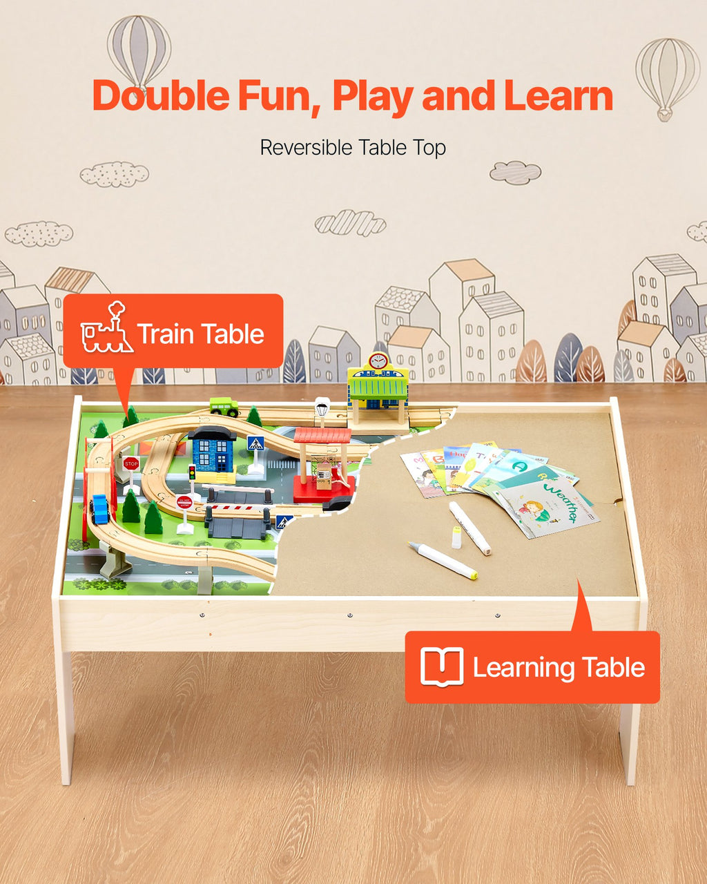 Wooden Train Table Set Includes 84 Accessories