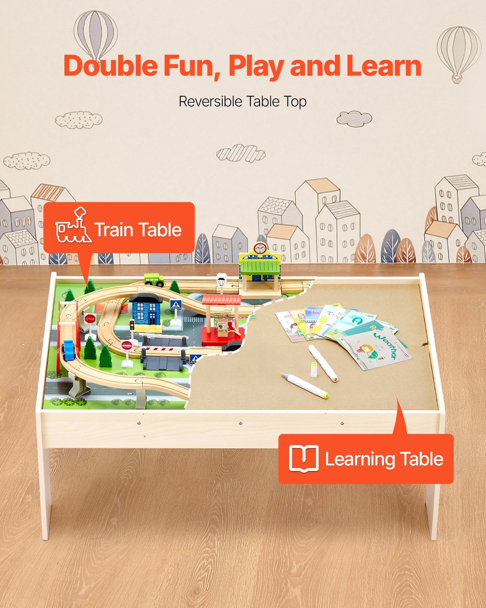 Wooden Train Table Set Includes 84 Accessories