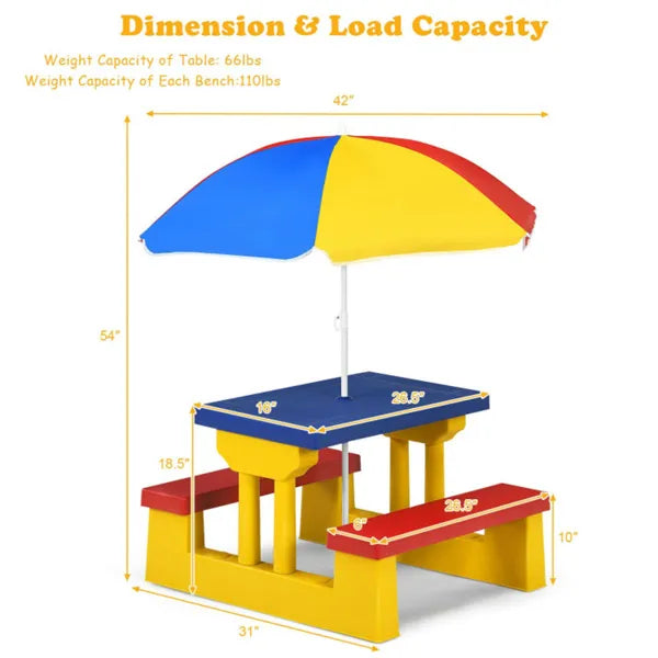 Children Outdoor Picnic Table Set With Foldable UV Protection Umbrella