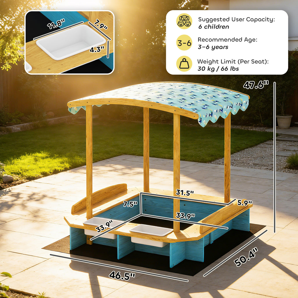 Wooden Sandbox with Canopy, Bench Seats & 2 Storage Bins