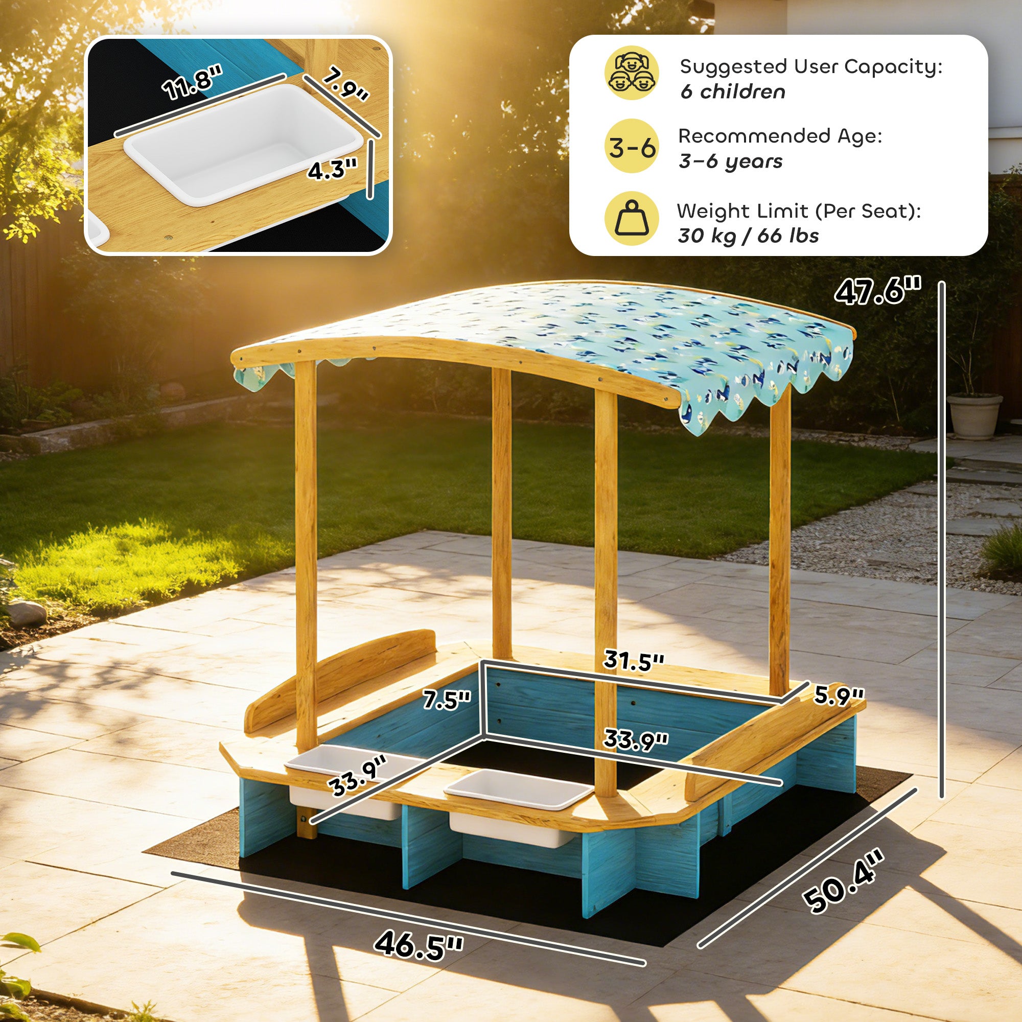 Wooden Sandbox with Canopy, Bench Seats & 2 Storage Bins