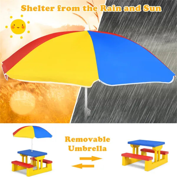 Children Outdoor Picnic Table Set With Foldable UV Protection Umbrella