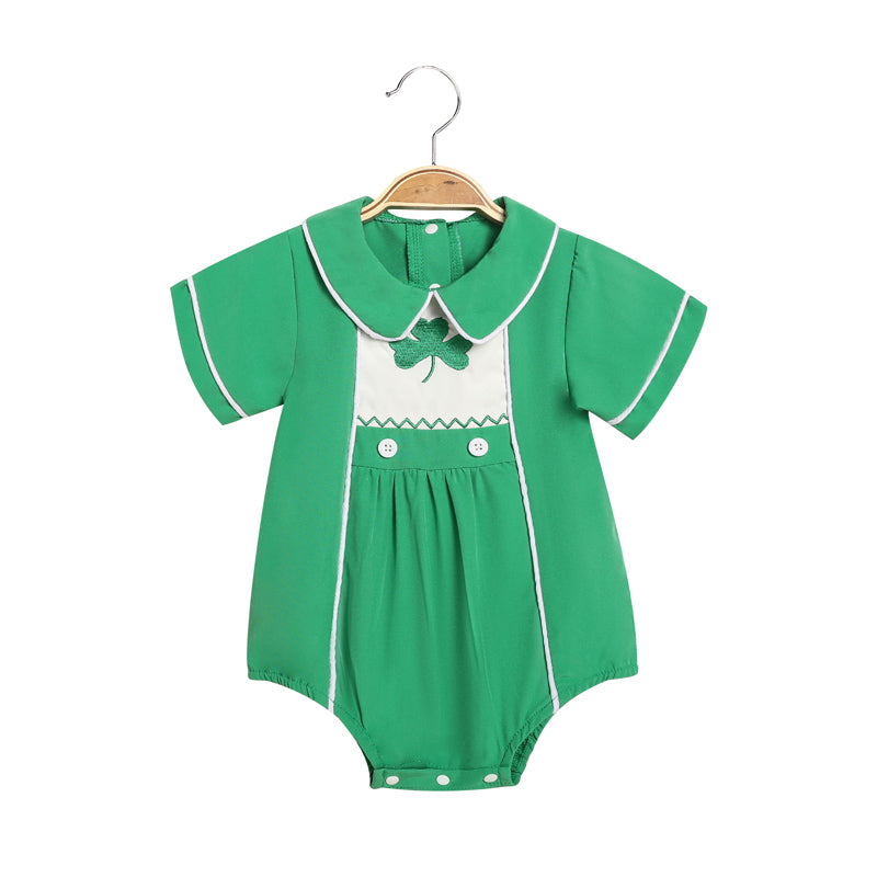 Green Lapel Short Sleeve Clover Romper